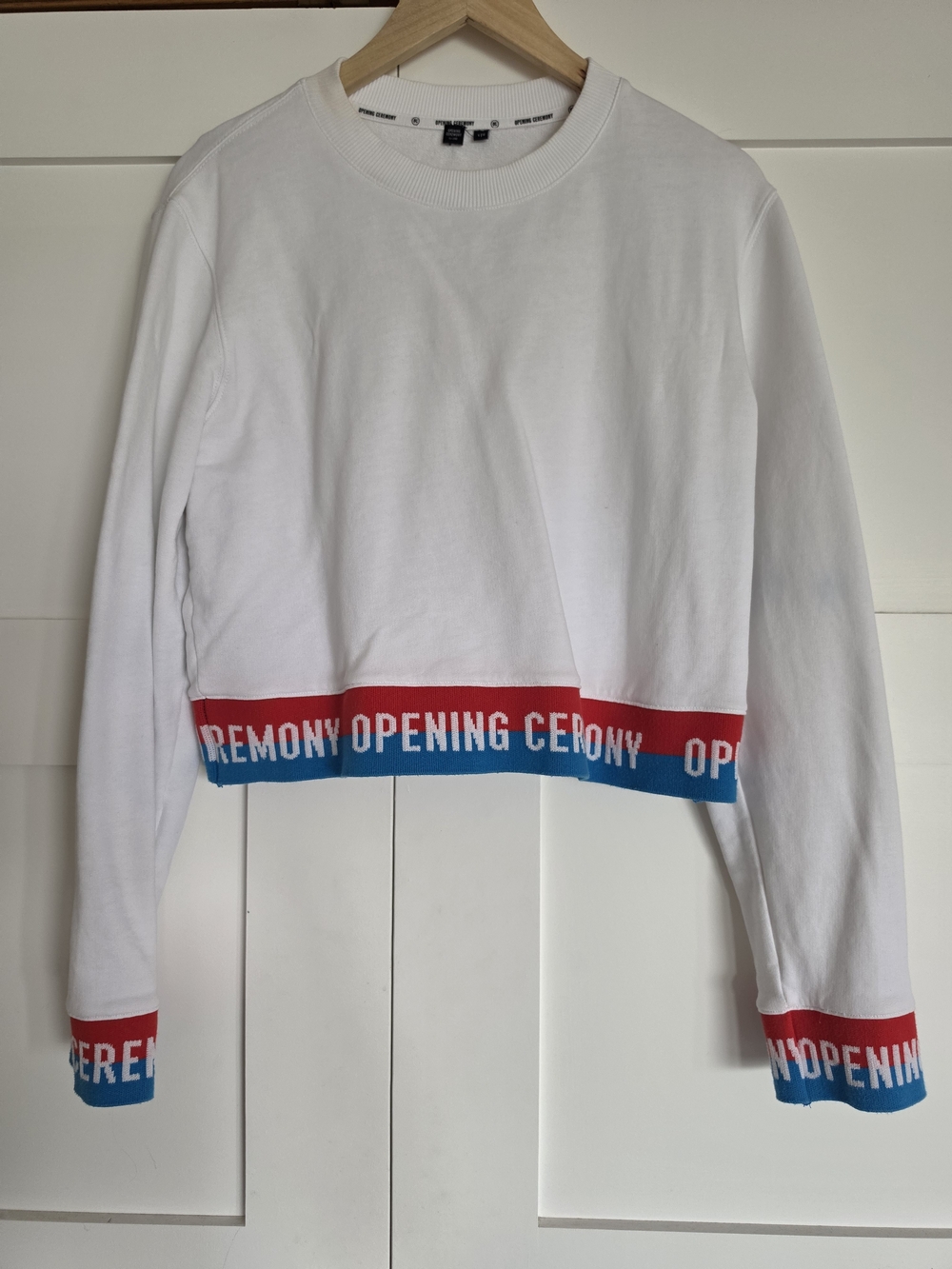 Opening Ceremony White Cropped Sweatshirt with Red & Blue Trim